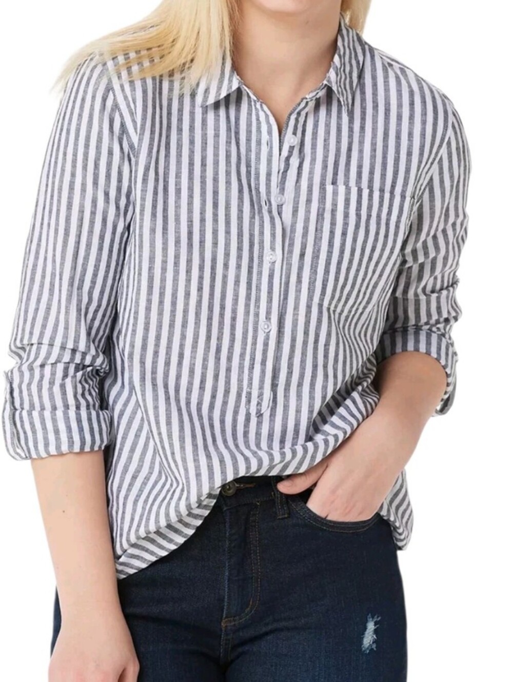 Rachel Hollis LINEN/Flax Cotton Striped Top Size 12 Roll Tab Sleeve Popover